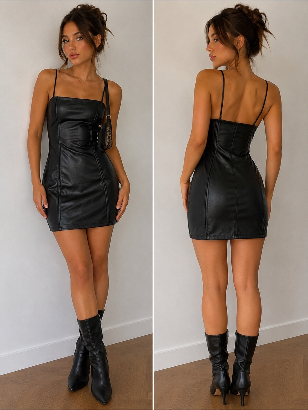 Faux Leather Black Mini Dress with Spaghetti Straps